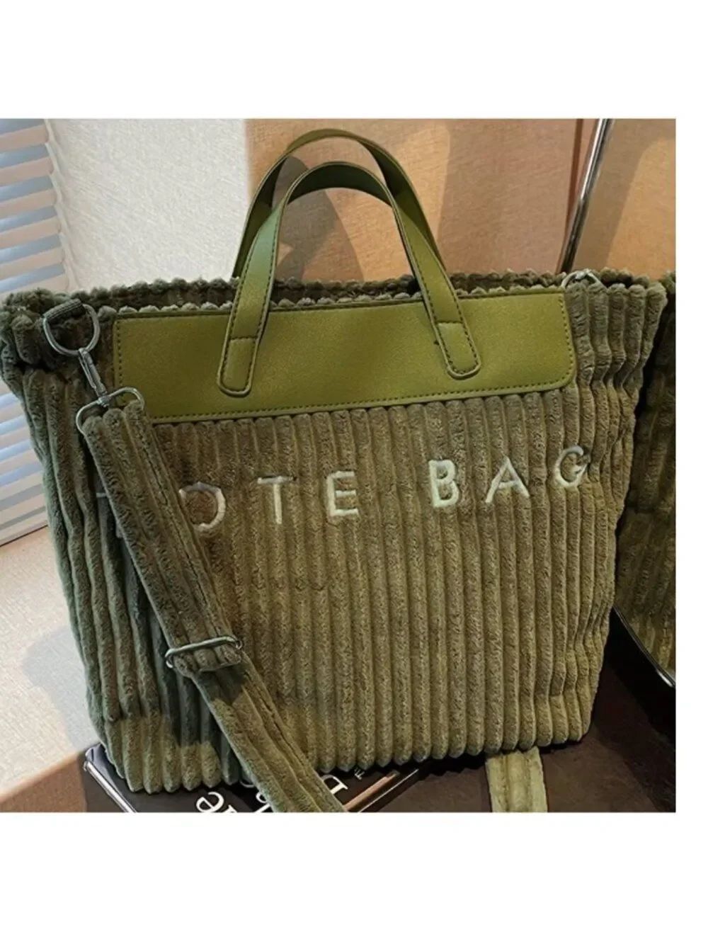 NWT Green Corduroy Tote Bag Crossbody Wide Wale Shoulder Purse